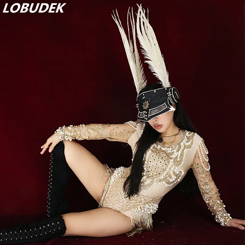 Female Mesh Sleeve Tight Fitting Bodysuit Gold Crystals Pearls Skinny Catsuit Sexy Leotard Stage Wear Bar Club DJ Singer Costume
Female Mesh Sleeve Tight Fitting Bodysuit Gold Crystals Pearls Skinny Catsuit Sexy Leotard Stage Wear Bar Club DJ Singer Costume