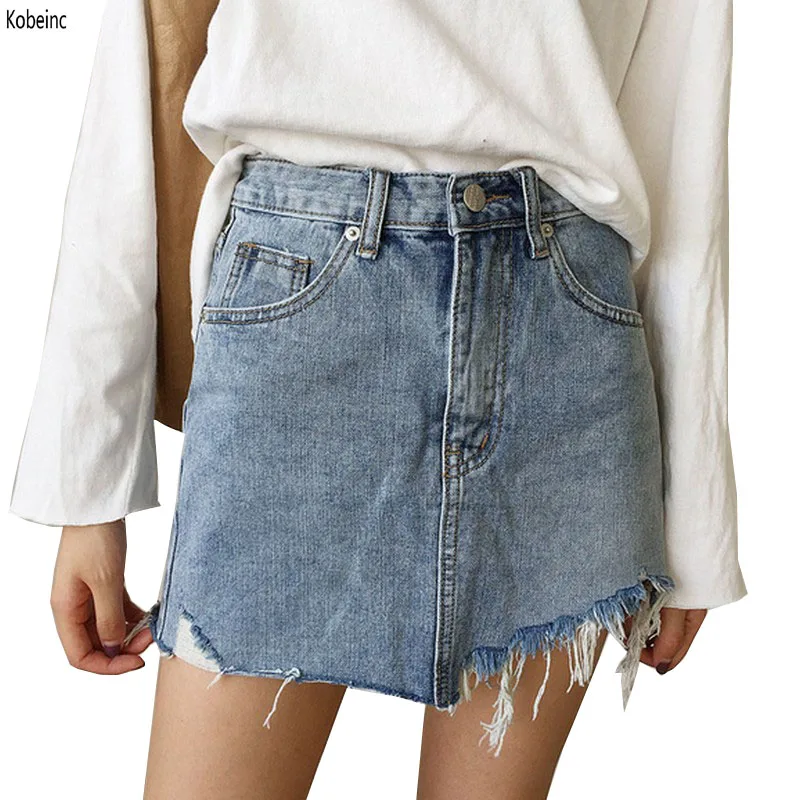 Image 2016 Summer Pencil Skirt High Waist Washed Women Skirts Irregular Edges Denim Skirts All Match Mini Saiaplus Size Women s Skirt