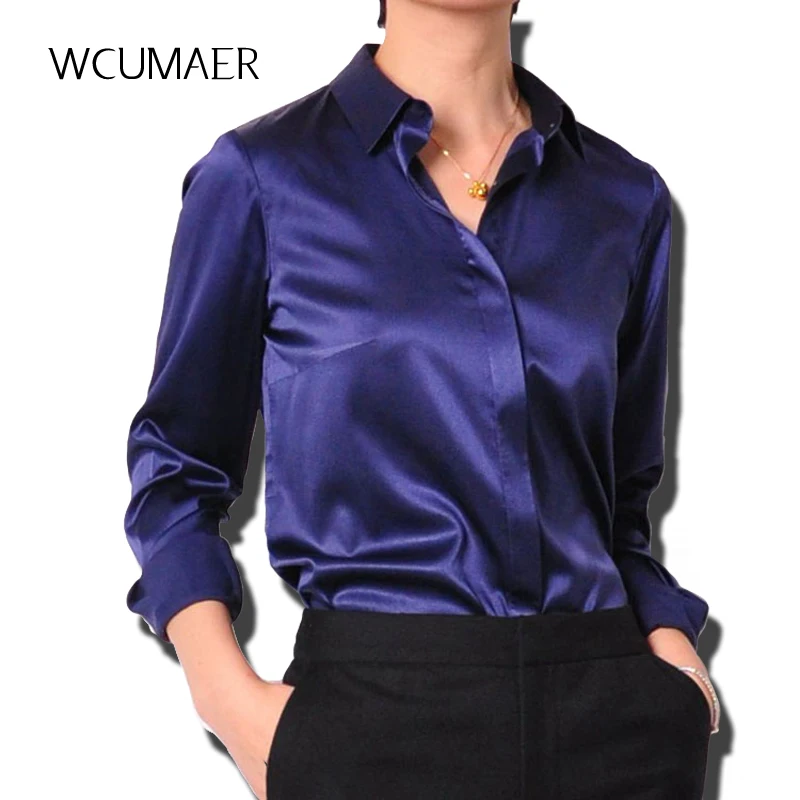 Fashion женские модные шелковые Сатиновые блузки на пуговицах рубашки повседневные