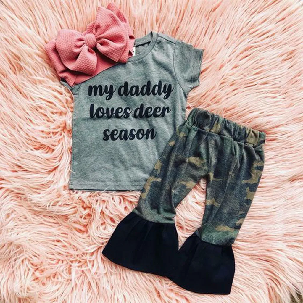 New 2PCS Toddler Kids Girl Clothes Infant Baby Girl Boy Letter T shirt Boeknot Tops Camouflage Print Flare Pants Clothes Set
New 2PCS Toddler Kids Girl Clothes Infant Baby Girl Boy Letter T shirt Boeknot Tops Camouflage Print Flare Pants Clothes Set