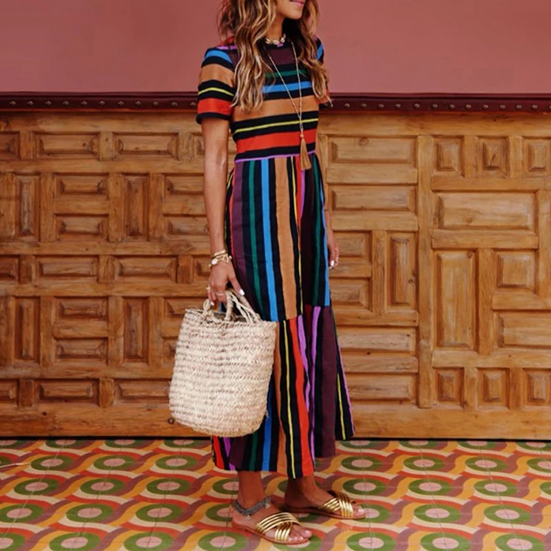 Summer Dress Women Fashion Boho Short Sleeve Ruffles Rainbow Stripe Print Maxi Dress modis Casual Women Beach Dress vestidos H30
Summer Dress Women Fashion Boho Short Sleeve Ruffles Rainbow Stripe Print Maxi Dress modis Casual Women Beach Dress vestidos H30