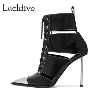 New Cut Outs Lace Up Thin High Heeled Ankle Boots Women Genuine Leather Metal Pointed Toe Black Short Boots Sexy Botas Feminina
New Cut Outs Lace Up Thin High Heeled Ankle Boots Women Genuine Leather Metal Pointed Toe Black Short Boots Sexy Botas Feminina