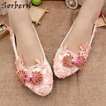 

Sorbern Pink Lace Wedding Shoes Flat Heels Chinese Knot Beaded Blush Bridal Flats Bridesmaid Shoes Pointed Toe Woman Shoes 2018