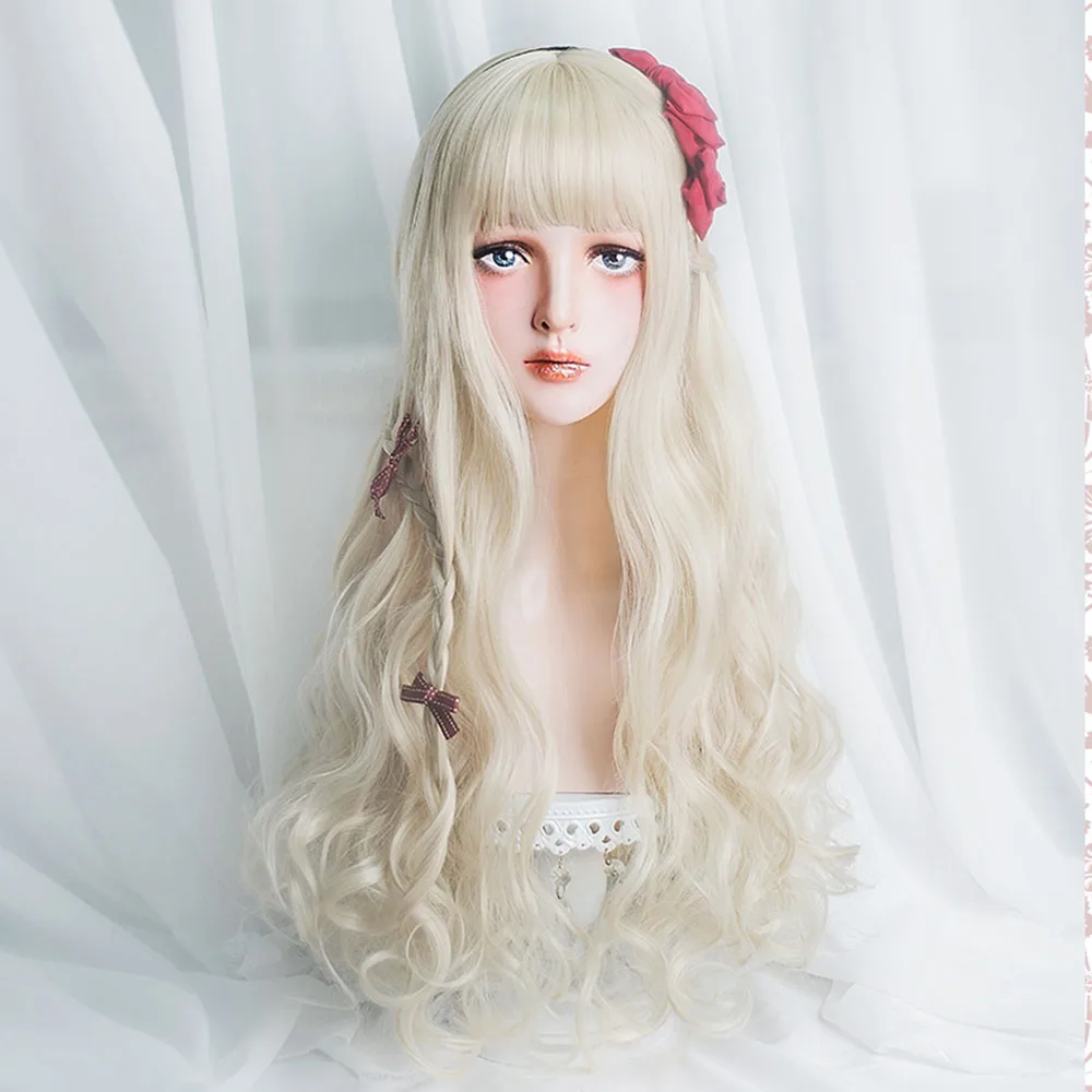 

Lolita 60cm Long Curly Light Blonde/Pink Lady Stylish Daily Cosplay Synthetic Full Wig With Bang + Wig Cap H762306