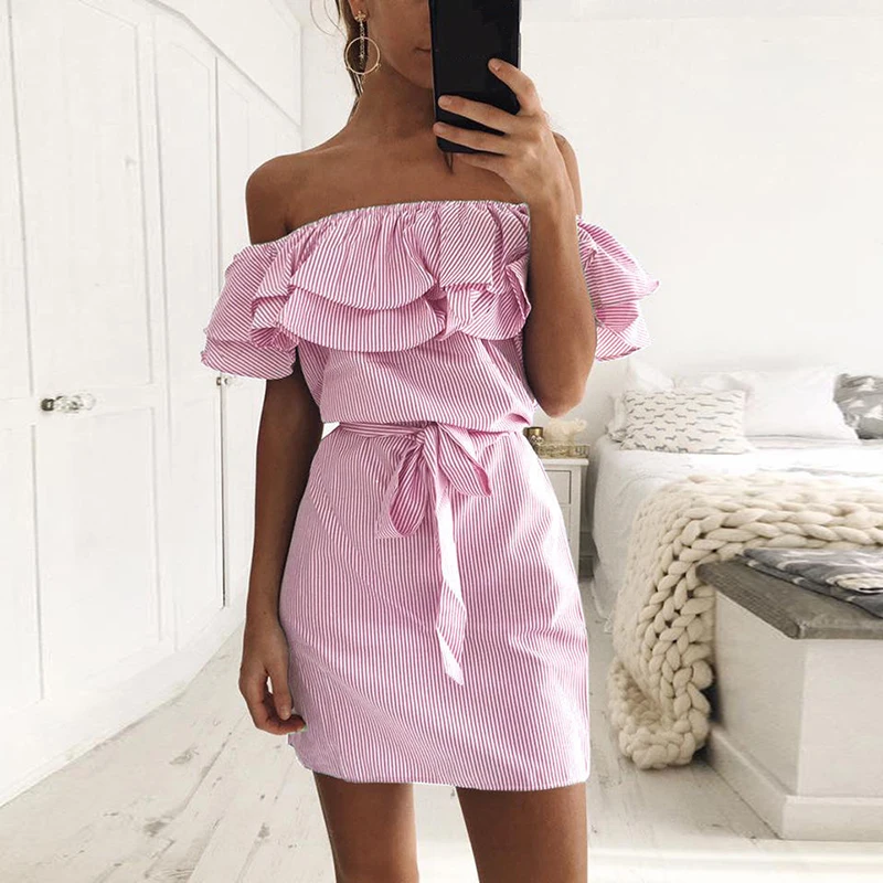 Sexy Women Summer Ruffles Off the Shoulder Mini Striped Dresses Ladies Fashion Beach Style Above Knee Slash Neck Dress Size S-XL
Sexy Women Summer Ruffles Off the Shoulder Mini Striped Dresses Ladies Fashion Beach Style Above Knee Slash Neck Dress Size S-XL