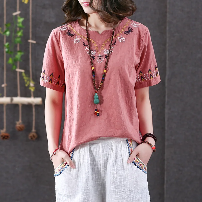 T Shirt Cotton Linen Summer Tops Short Sleeve Original Style Embroidery Vintage T-Shirts Women Loose Summer Clothes 2018 Pink
T Shirt Cotton Linen Summer Tops Short Sleeve Original Style Embroidery Vintage T-Shirts Women Loose Summer Clothes 2018 Pink