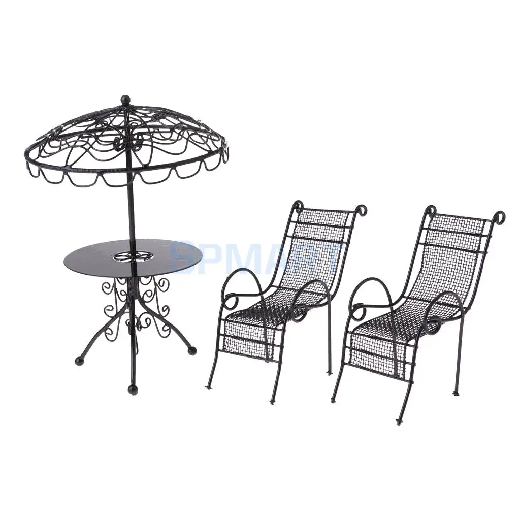 1/12 Scale Doll House Miniature Outdoor Garden Beach Poolside Scenery Furniture Decoration Toy - Metal Table Chairs 2Colors