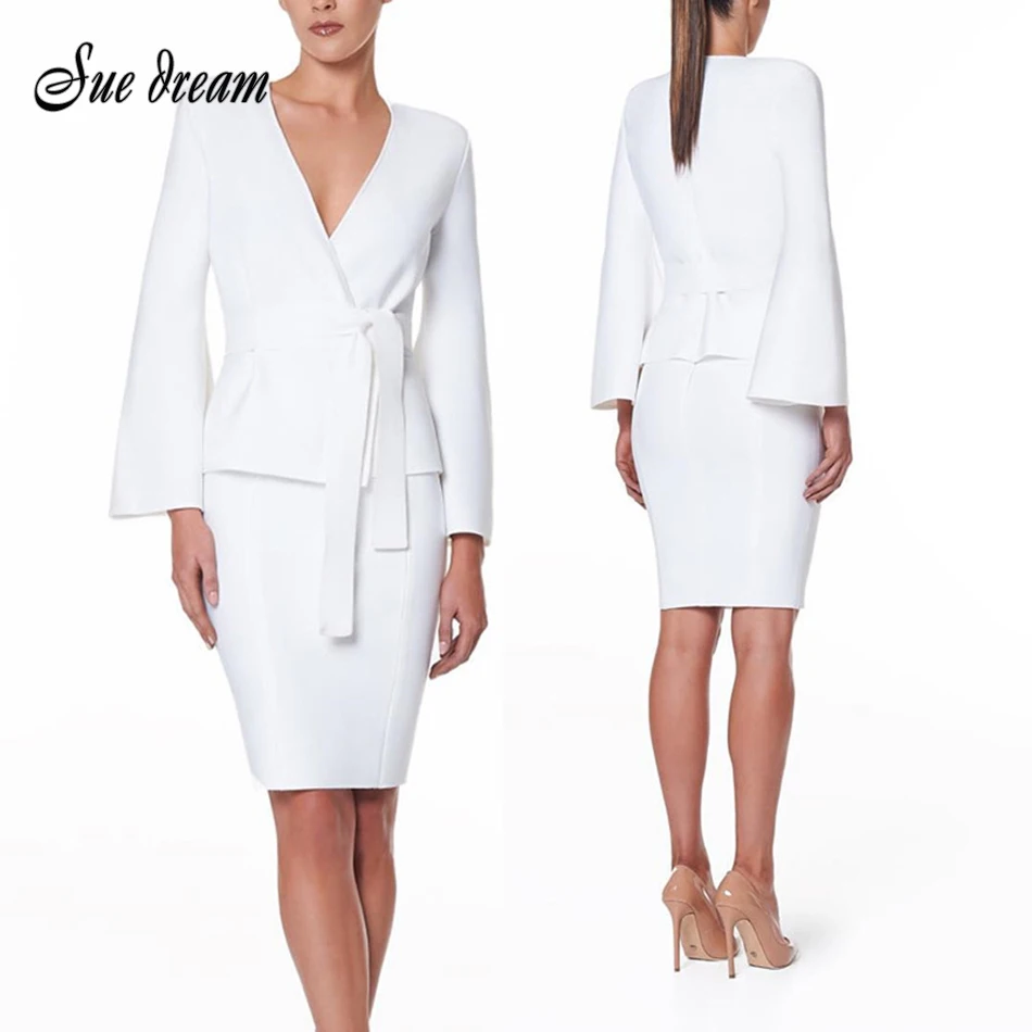 2019 new sexy women's white long-sleeved V-neck bow bandage 2 two-piece long-sleeved ladies office suit with knee length dress
2019 new sexy women's white long-sleeved V-neck bow bandage 2 two-piece long-sleeved ladies office suit with knee length dress