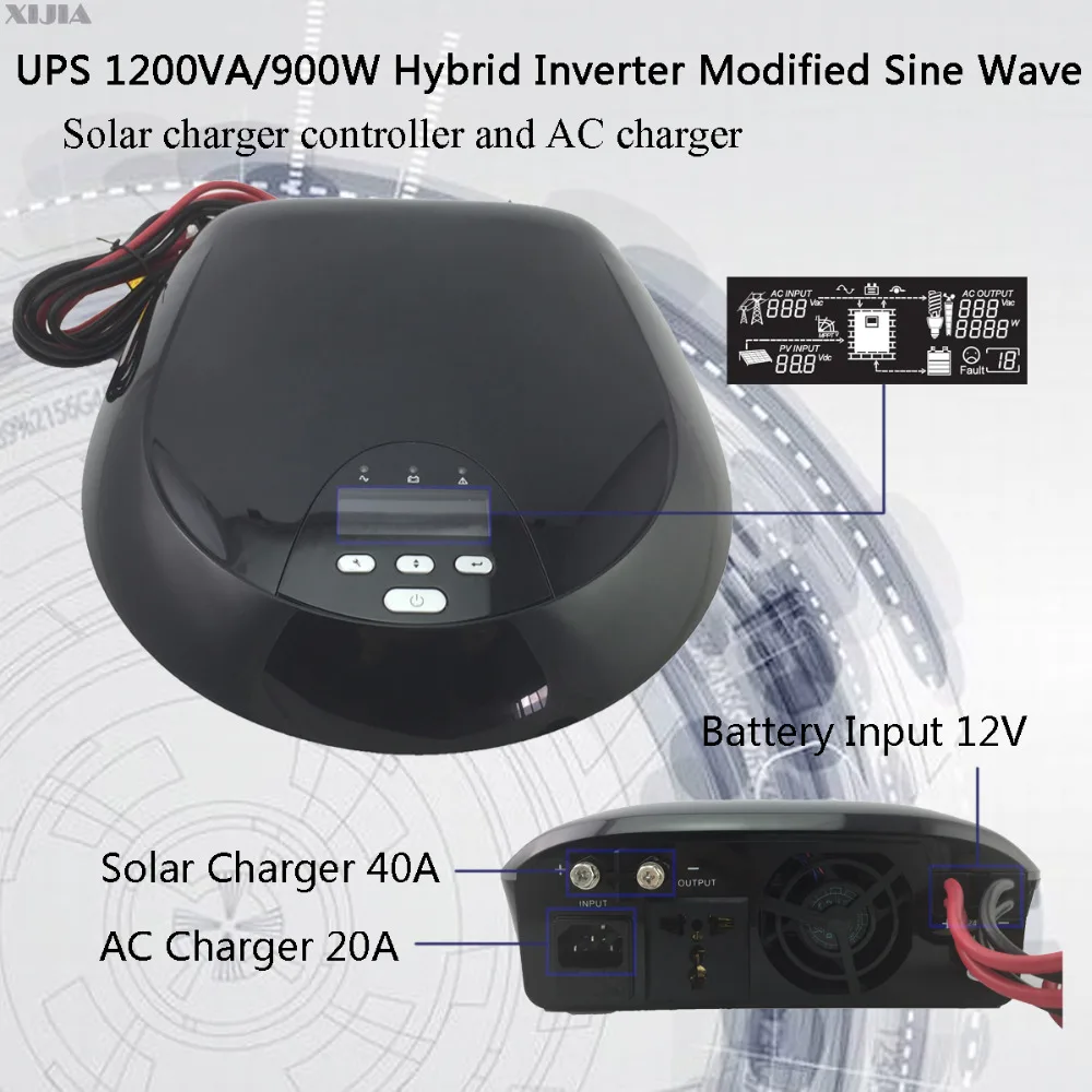 modified sine wave 1200VA/900W hybrid inverter 12v dc to 230v ac with solar charger controller and AC charger
modified sine wave 1200VA/900W hybrid inverter 12v dc to 230v ac with solar charger controller and AC charger