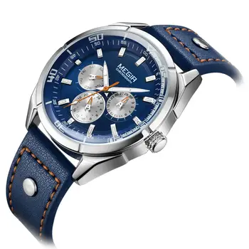 

Megir Brand Men's Blue Leather Analogue Quartz Wrist Watches Smart Week Date 24 Hours Watch for Man Clock Relogios Masculino