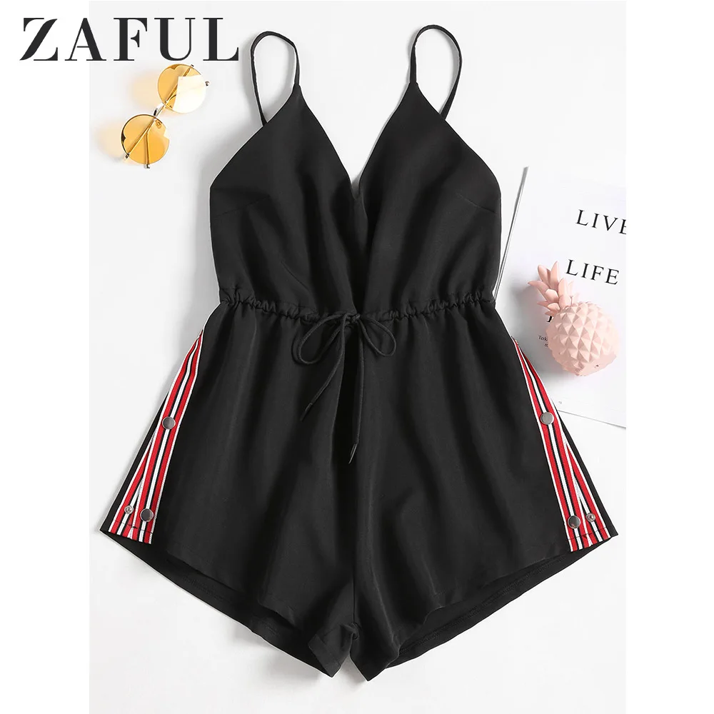 

ZAFUL Striped Patched Drawstring Romper Summer Women Jumpsuit 2018 Casual Spaghetti Strap Sleeveless Palysuits Ladies Overalls