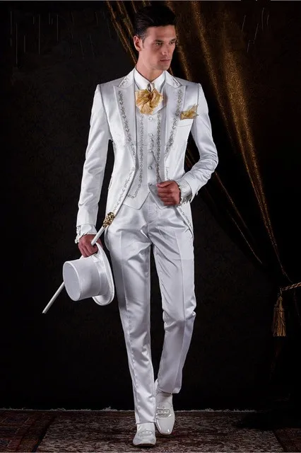 Latest Coat Pant Designs Ivory/White Satin Embroidery Italian Men Suits Groom Jacket Long Wedding Tuxedo Costume Homme Mariage | Мужская