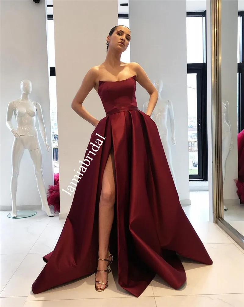 Сексуальные бордовые дешевые вечерние платья 2019 трапециевидный корсет с высоким