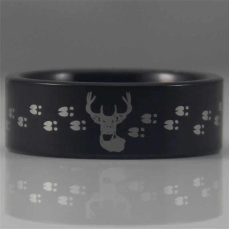 

Free Shipping YGK JEWELRY Hot Sales 8MM Black Pipe Hunting Buck&Deer Tracks New Men's Tungsten Comfort Fit Ring