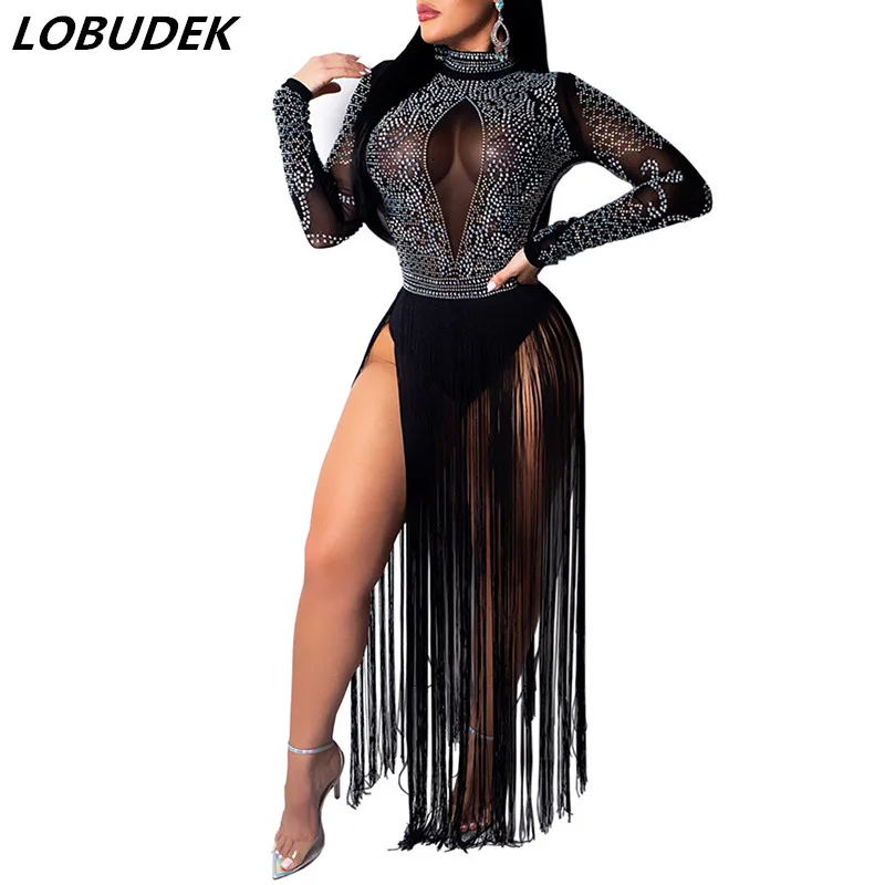 Sparkly Crystals Black Mesh Long Tassels Dress Red Fringed Rhinestones See-through Dress Sexy Nightclub Lady Dancer DJ Costumes
Sparkly Crystals Black Mesh Long Tassels Dress Red Fringed Rhinestones See-through Dress Sexy Nightclub Lady Dancer DJ Costumes