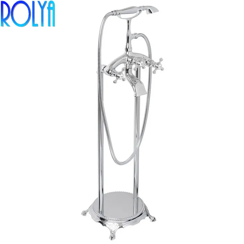 

ROLYA Floor Mounted Bath Shower Mixer Faucet Taps Freestanding Tub Filler Cross Knobs Handle Telephone Bath Bathtub Faucet