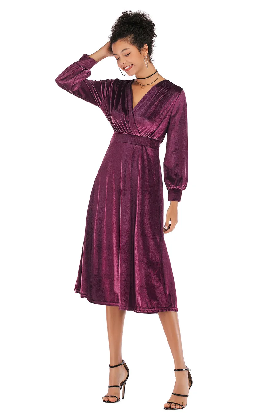 Gladiolus 2018 Autumn Winter Dress Women Long Sleeve V-Neck Tunic Swing Midi Sexy Gold Velvet Dress Women Evening Party Dresses (11)