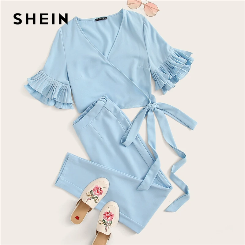 SHEIN голубой костюм с запахом многослойный короткий топ оборками на рукавах и