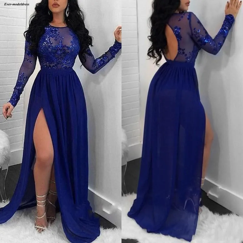 Royal Blue Side Slit Prom Dresses Long Sleeves Sheer Scoop Appliques Sequined African Evening Party Gowns 2020 Gala Jurken
Royal Blue Side Slit Prom Dresses Long Sleeves Sheer Scoop Appliques Sequined African Evening Party Gowns 2020 Gala Jurken