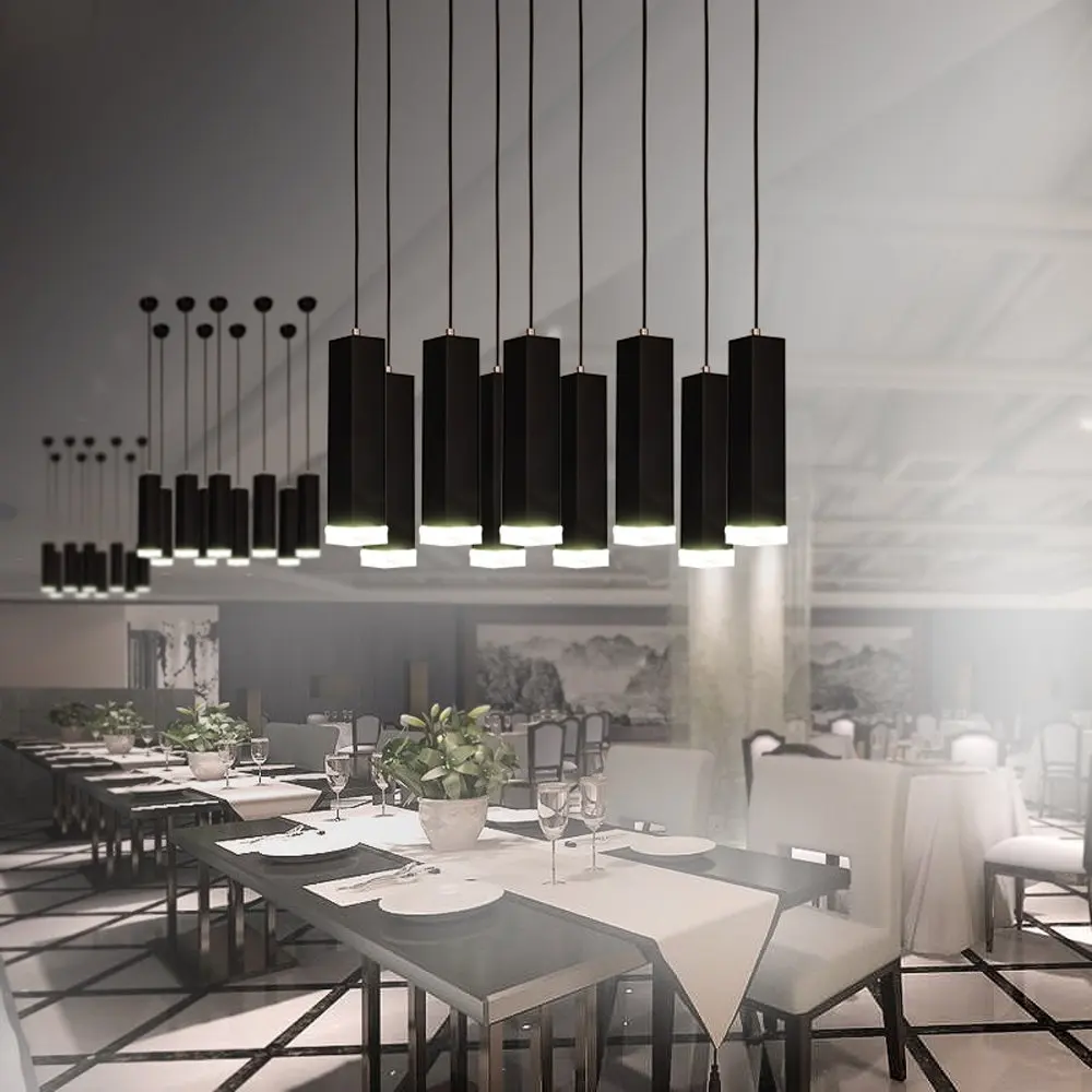 Modern Square Tube Crystal Bottom LED Dining Room Ceiling Pendant