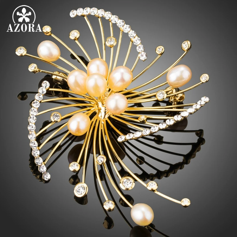 Image AZORA Fireworks Design Button Shaped Synthetic Pearl with Tiny Austrian Crystal Gold Plated Scarf Pins Brooches Jewelry TP0046