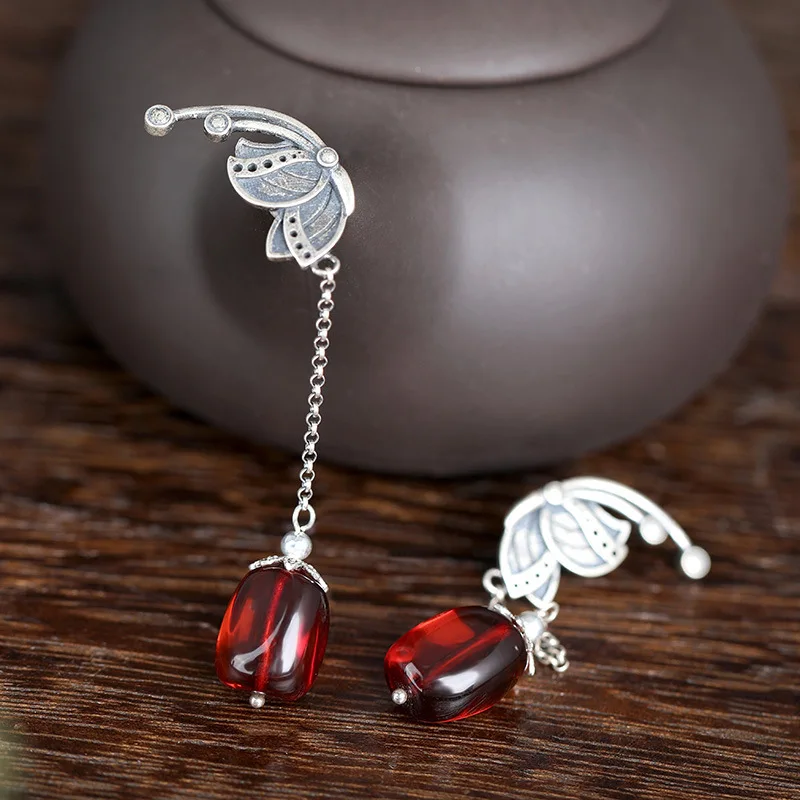 S925 sterling silver retro female personality natural blood amber temperament national wind ear free shipping | Украшения и