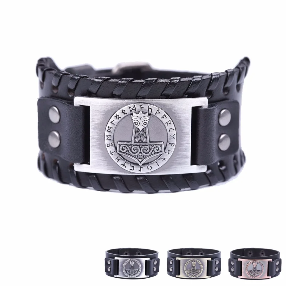 Фото Skyrim Mjollnir Thor's Hammer Leather Bracelet Norse 24 Runes Vintage Punk Wristband Bangle Barcelet for Men Amulet Gift | Украшения и