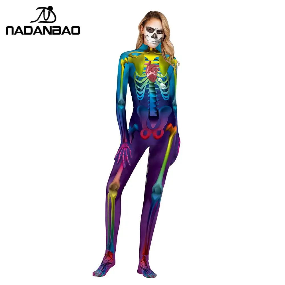 Ekouaer Women Halloween Costume Cosplay Skeleton Print Bodycon Catsuit Jumpsuits