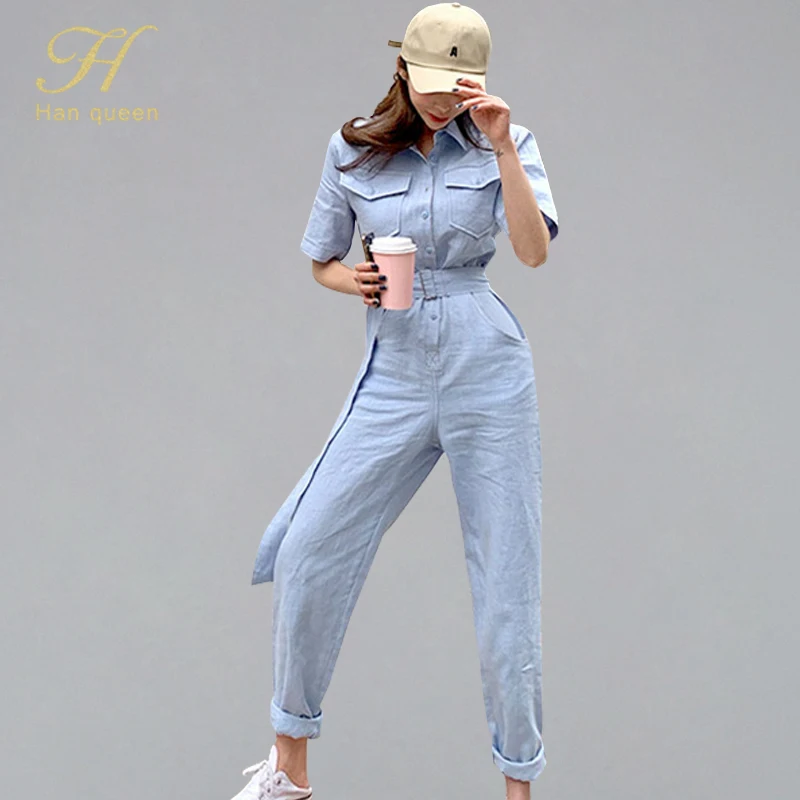 H Han Queen Women Casual Jumpsuit Summer 2019 Female Short Sleeve Pockets Buttons Rompers OL Women's Jumpsuits Streetwear Romper
H Han Queen Women Casual Jumpsuit Summer 2019 Female Short Sleeve Pockets Buttons Rompers OL Women's Jumpsuits Streetwear Romper