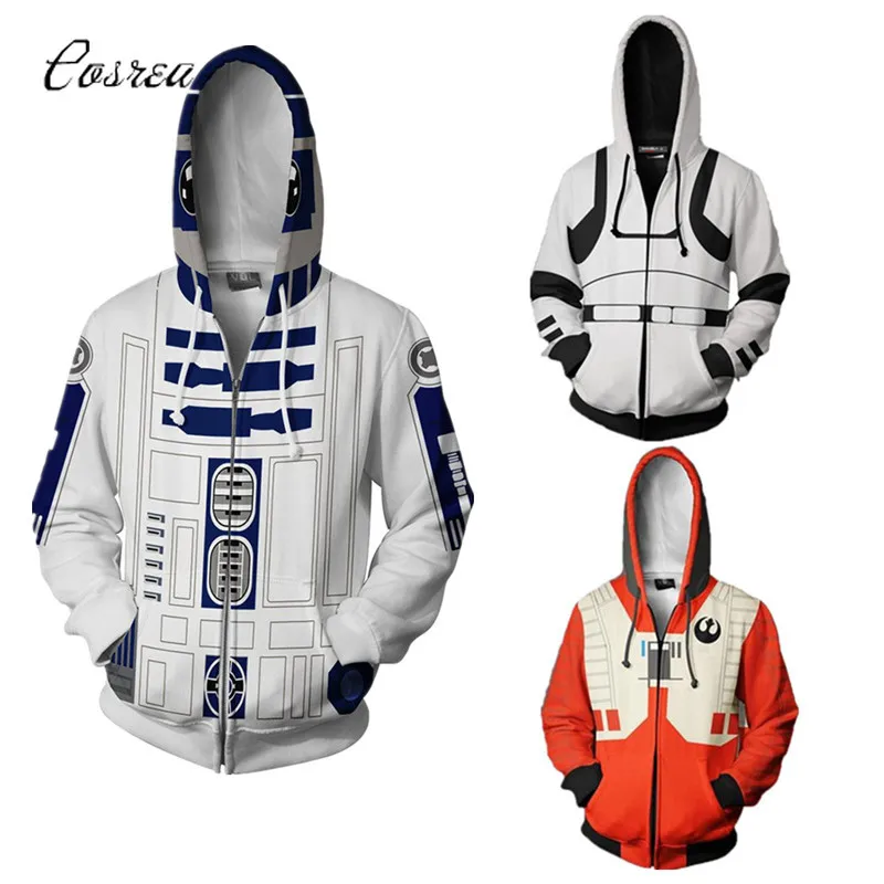 

Star Wars Costume Men Hoodies Zipper Cropped Hoodie Sweatshirt Jedi Knight Luke Skywalker R2-D2 Tracksuit for Boys White Top