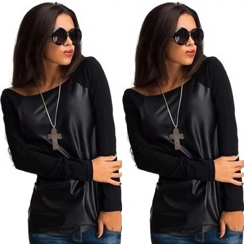 Sexy Womens Leather Long Sleeve T-Shirt Casual Tops cotton and PU leather patchwork female T-shirt for women
Sexy Womens Leather Long Sleeve T-Shirt Casual Tops cotton and PU leather patchwork female T-shirt for women