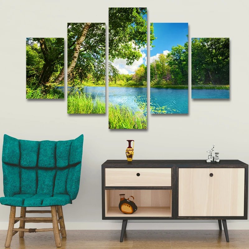Image Modern Green Landcsape Canvas Print Rustic Lake Trees Painting Pictures Cuadros Wall Art Home Decor For Living Room No Frame