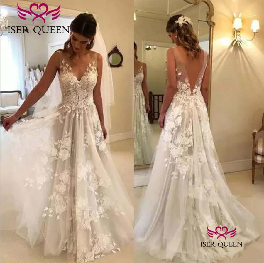Illusion V-neck Delicate Appliques on Tulle Natural Beach Wedding Dresses Pure White Sweep Train Sexy Backless Bridal Gown W0449
Illusion V-neck Delicate Appliques on Tulle Natural Beach Wedding Dresses Pure White Sweep Train Sexy Backless Bridal Gown W0449