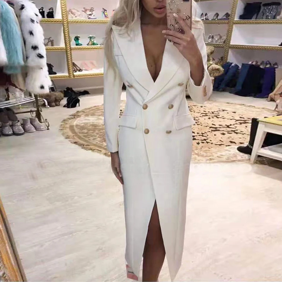 2019-spring-new-women-s-fashion-coat-black-red-white-deep-V-long-sleeve-double-breasted