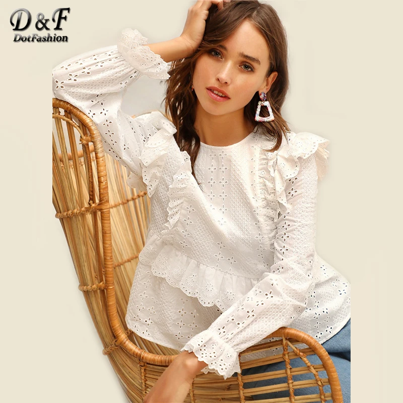 Dotfashion White Solid Ruffle Trim Embroidered Eyelet Womens Tops And Blouses 2019 Spring Casual Boho Long Sleeve Korean Blouse
Dotfashion White Solid Ruffle Trim Embroidered Eyelet Womens Tops And Blouses 2019 Spring Casual Boho Long Sleeve Korean Blouse