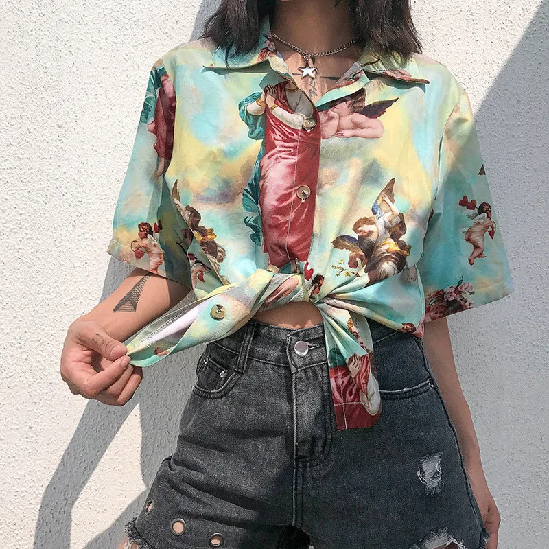 Women Korean Print Angel Shirt Short Sleeve Vintage T Shirt Ladies Turn-down Collar Harajuku Tee Shirt Femme Summer Streetwear
Women Korean Print Angel Shirt Short Sleeve Vintage T Shirt Ladies Turn-down Collar Harajuku Tee Shirt Femme Summer Streetwear