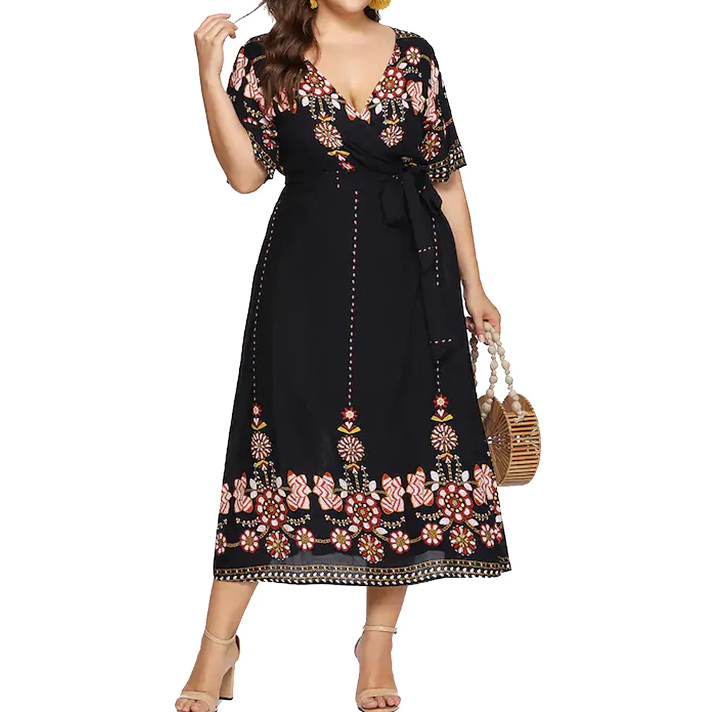

Wipalo Ladies Plus Size Bohemian Summer Dress Plunging Neck Short Sleeves Ethnic Print Casual Holiday Dress 2019 Women Vestidos