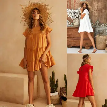 

Sexy Women Ladies Summer Smock Dress Holiday Beach Casual Loose Frill Sundress Females Bikini Cover Up Beach Dress Ruffle