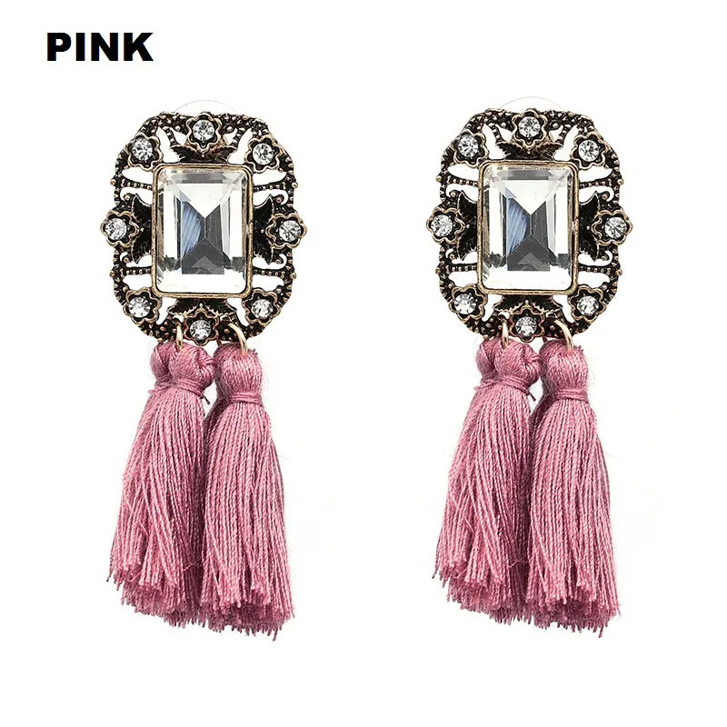 16 Colors, Crystal Square Tassel Stud Fringe Earrings