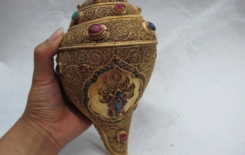 Tibet Buddhism famous trumpet shell inlay Copper wires 24K Gild Gem Conch bugle
Tibet Buddhism famous trumpet shell inlay Copper wires 24K Gild Gem Conch bugle