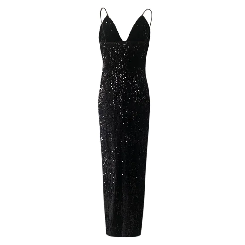 V Neck Party Dress Women Sleeveless Sexy Dress Sequin Maxi Dress Bondage Nightclub Solid Black Vestido De Festa Longo 40MR0609