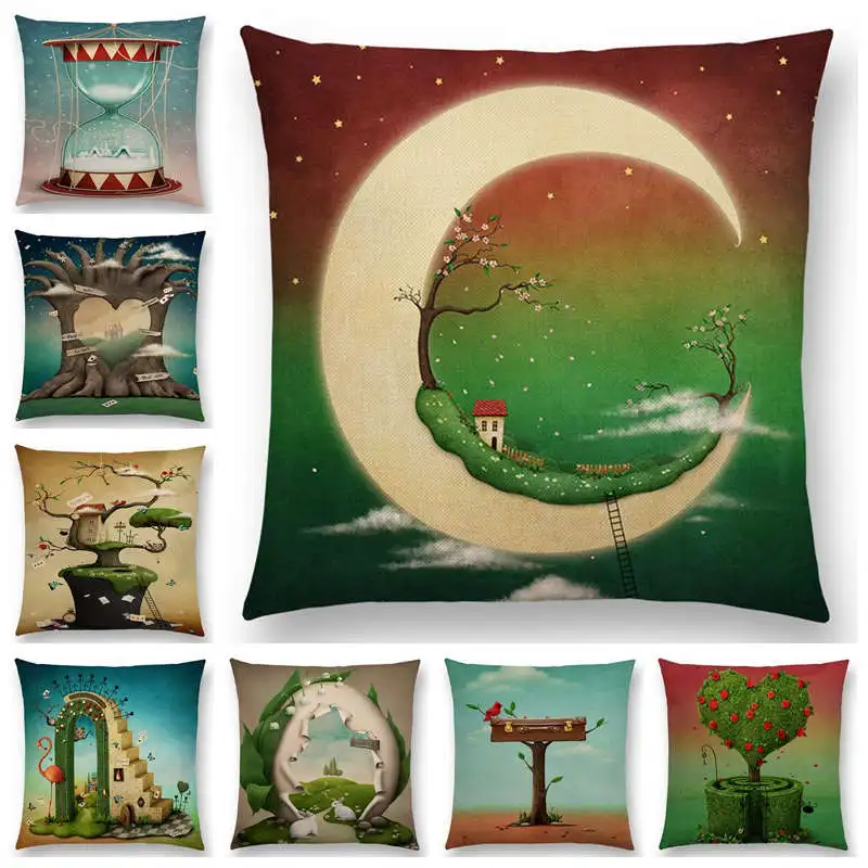 

Hot Sale Dream World Fantasy Green Arch Colorful City Tree House Flowers Hat Flamingo Moon Fairy Tales Cushion Cover Pillow Case