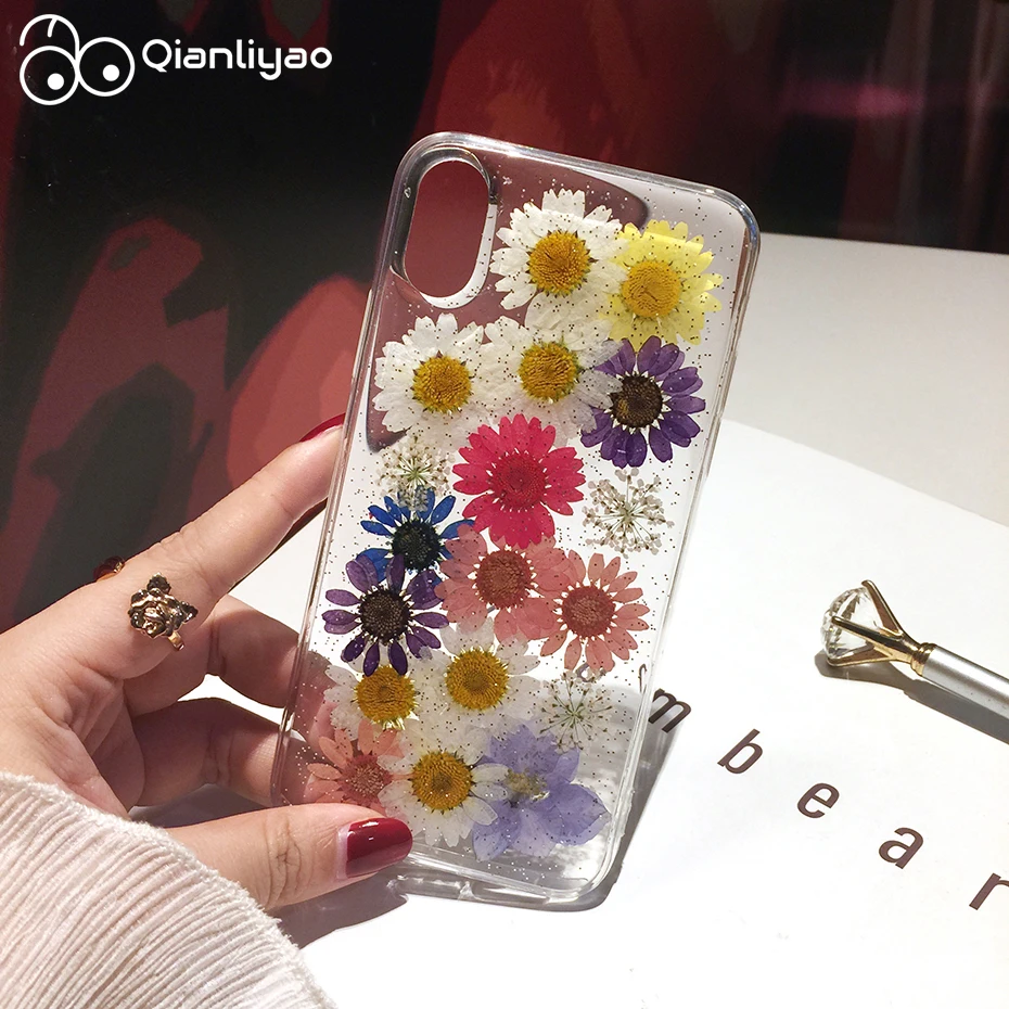 Фото Qianliyao Dried Real Flower Handmade Clear Pressed Phone Case For iPhone X XS Max XR 6 6S 7 8 Plus 11 Pro Se Soft Cover | Мобильные