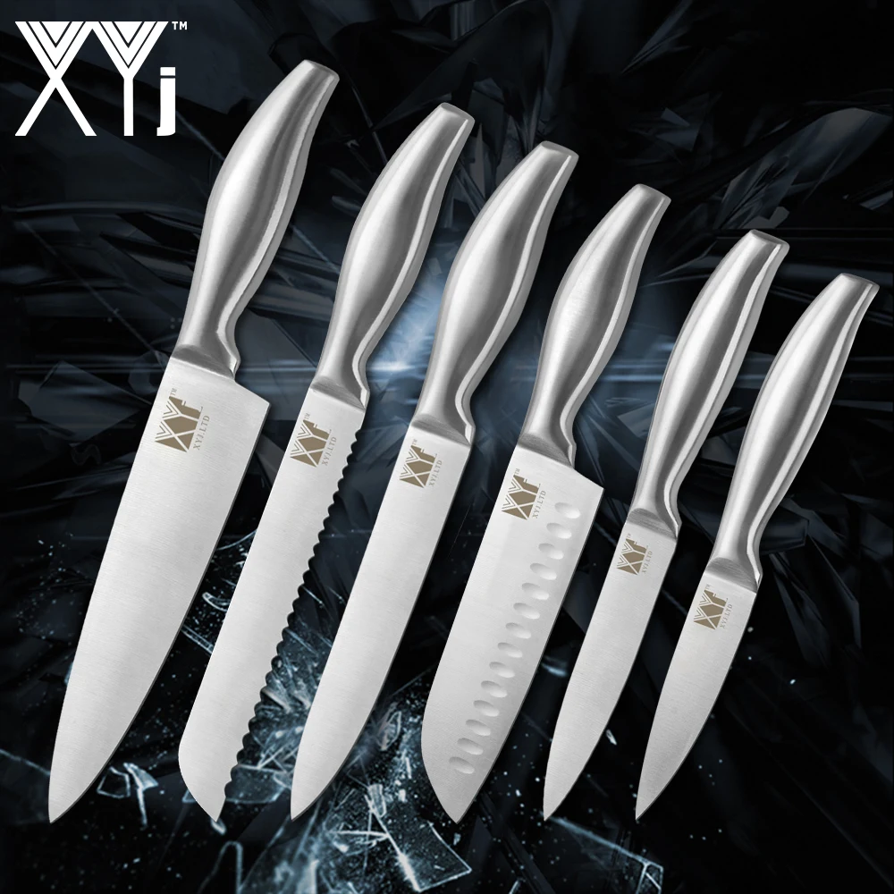 XYj Stainless Steel Kitchen Knives Set Bend Handle 8'' Chef 8'' Bread 8'' Slicing 7'' Santoku 5'' Utility 3.5'' Paring Knife
XYj Stainless Steel Kitchen Knives Set Bend Handle 8'' Chef 8'' Bread 8'' Slicing 7'' Santoku 5'' Utility 3.5'' Paring Knife