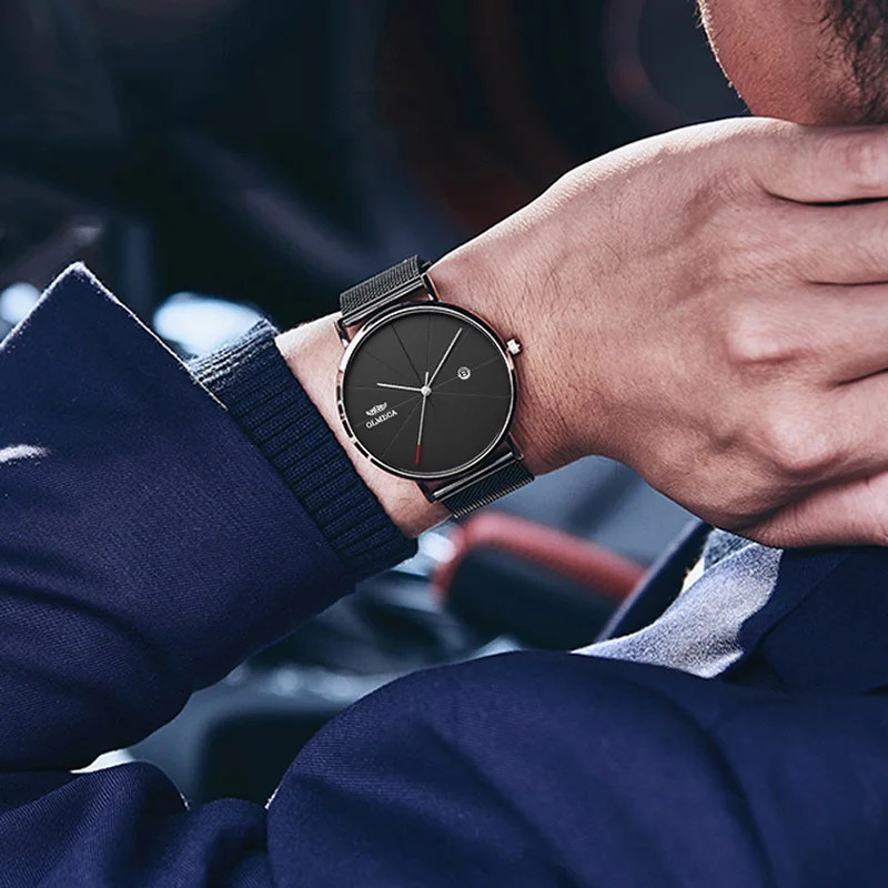 Фото Черные мужские часы 2019 Топ бренд Роскошные Кварцевые ультра тонкие стальные