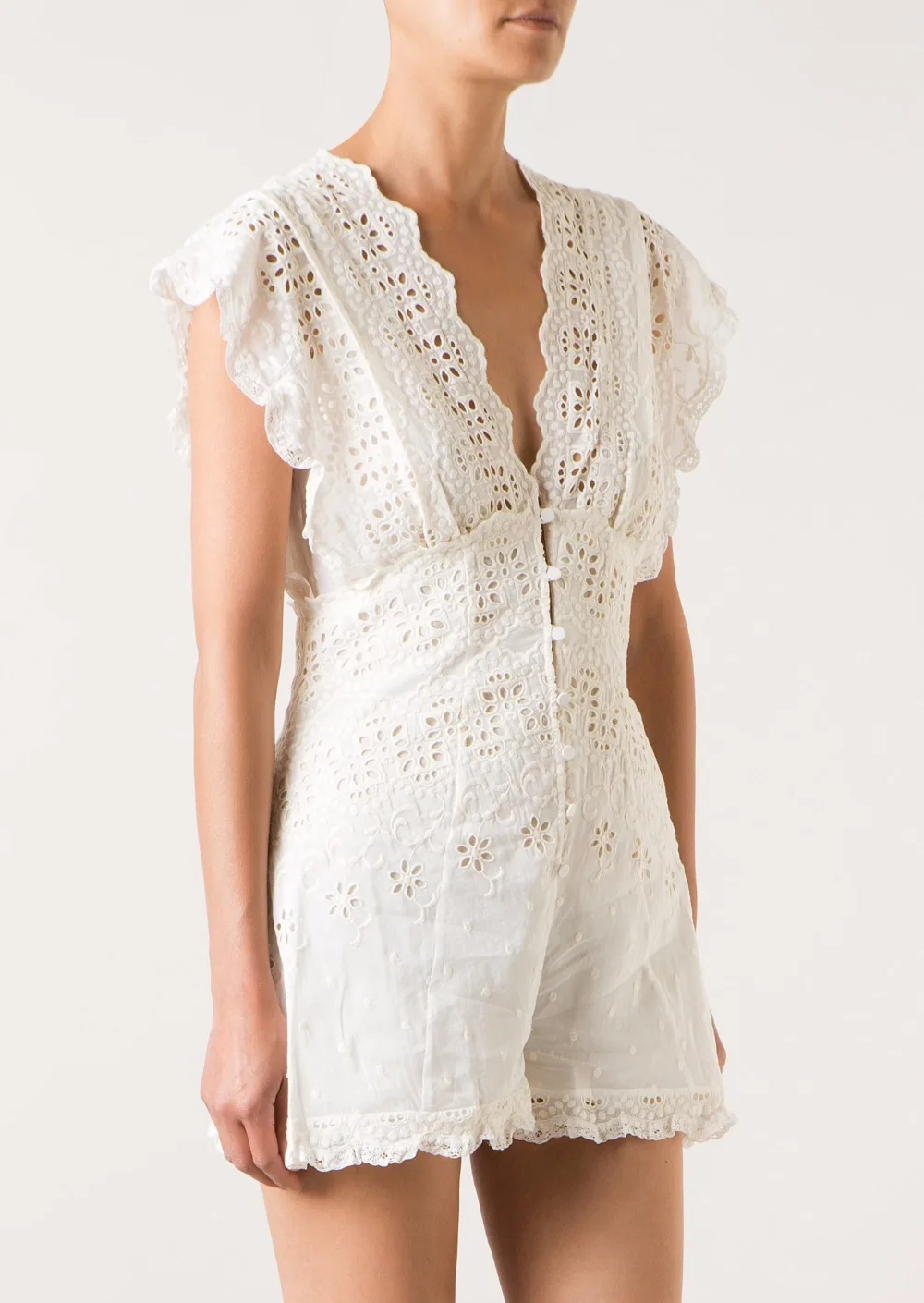 Women Paradiso Chevron Romper V-neck Flutter sleeves Ivory White Silk-cotton Blend Lace Playsuit
Women Paradiso Chevron Romper V-neck Flutter sleeves Ivory White Silk-cotton Blend Lace Playsuit
