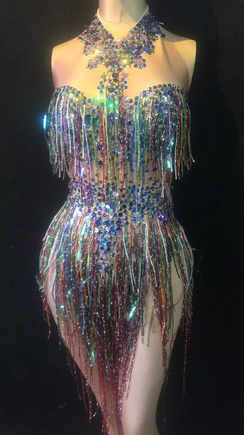 Colorful Fringes Rhinestones Bodysuit (1)