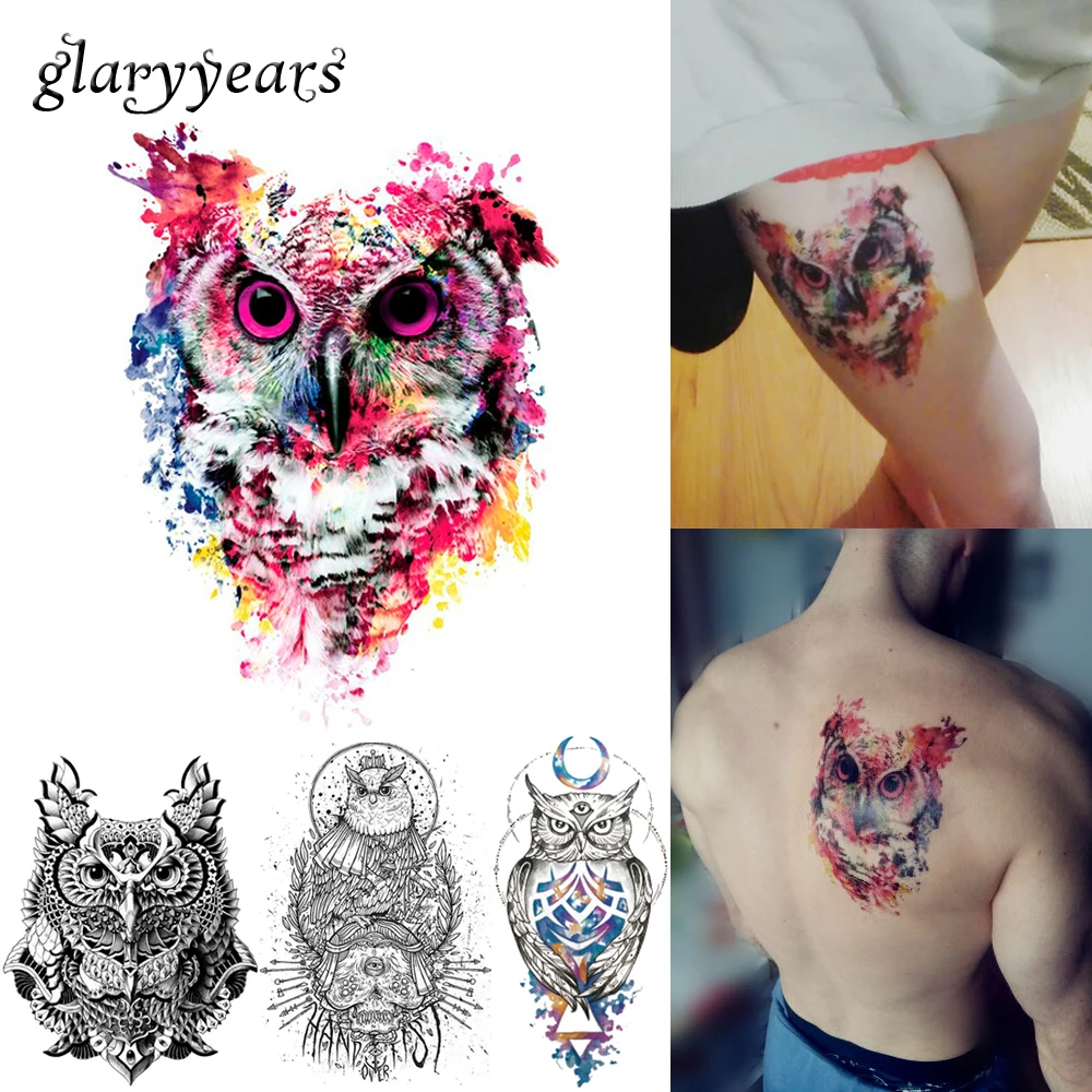 Image 1 Sheet Colorful Drawing Temporary Tattoo Women Men Body Art Catoon Owl Decal Design KM 014 Waterproof Tattoo Sticker Watercolor