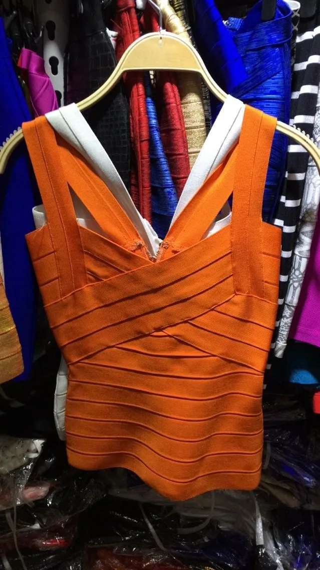 White Orange Straps Women's Sexy Long Bodycon Bandage Top