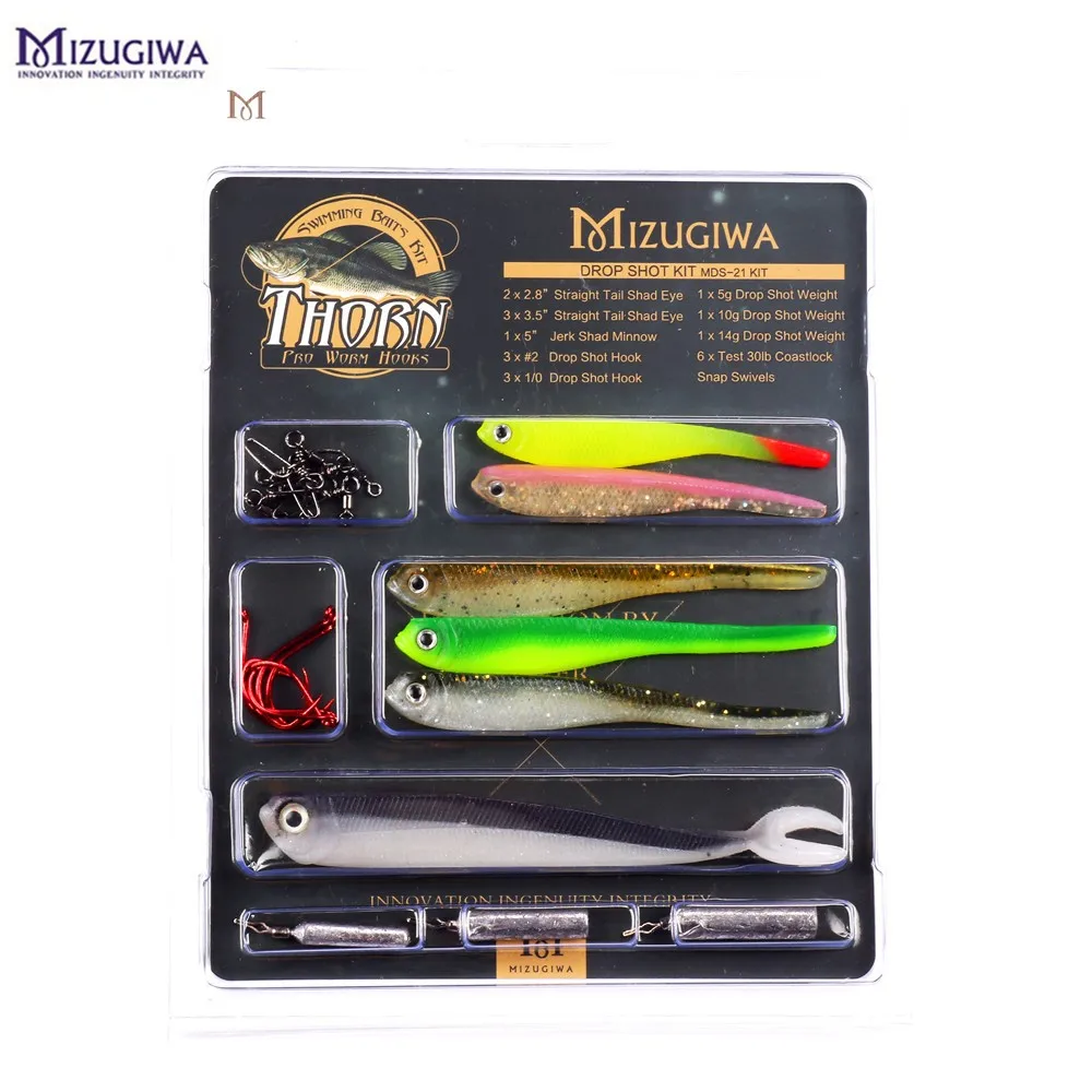 MIZUGIWA Drop Shot Rig Fish Kit 21 Inc Soft Shad Minnow Bait Hooks Weight Snap Swivels Bass Perch Walley Fishing Trout Sea pesca
MIZUGIWA Drop Shot Rig Fish Kit 21 Inc Soft Shad Minnow Bait Hooks Weight Snap Swivels Bass Perch Walley Fishing Trout Sea pesca